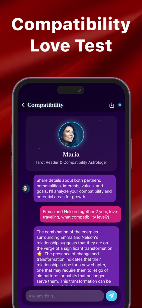 Un chat con un lector de tarot de IA sobre la compatibilidad de relaciones en la aplicación Love AI.