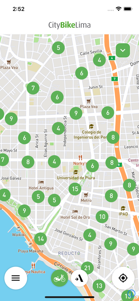 CityBike Lima - Interfaz de la app CityBike Lima mostrando un mapa con estaciones de bicicletas compartidas disponibles y cantidades en Lima, Perú