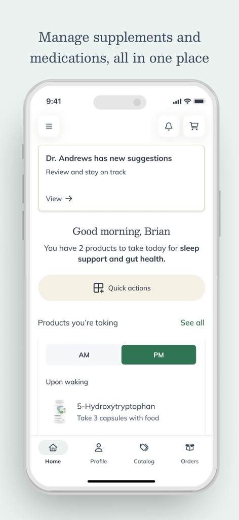 Fullscript - Fullscript app home screen showing a personalized supplement schedule and recommendations from a healthcare provider