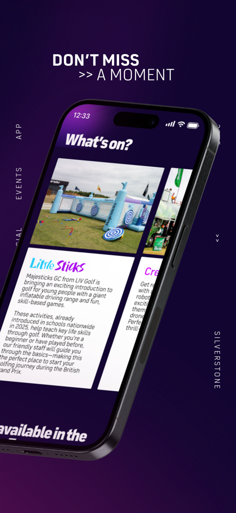 Silverstone Events - Interface do aplicativo Silverstone Events mostrando a seção 'O que está acontecendo' com cronogramas de eventos e descrições de atividades para o Grande Prêmio da Grã-Bretanha