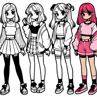 one girl with crop-top shirt and a jacket with a skirt, long socks and another girl with a shirt and pants with a jacket