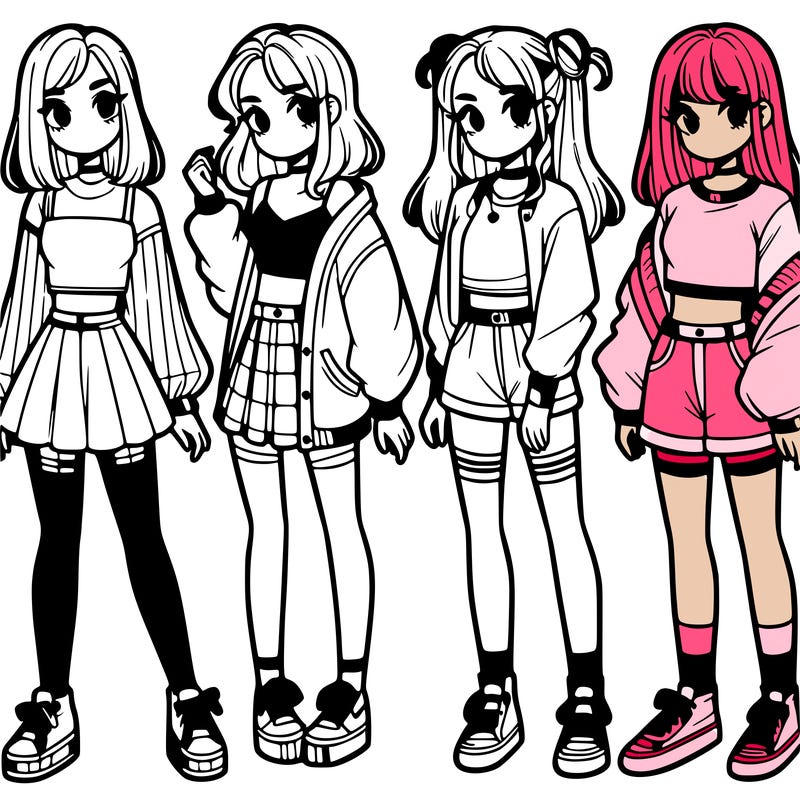 one girl with crop-top shirt and a jacket with a skirt, long socks and another girl with a shirt and pants with a jacket
