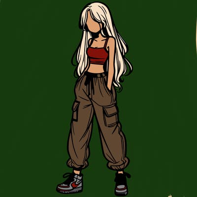 girl in baggy pants crop top and long hair