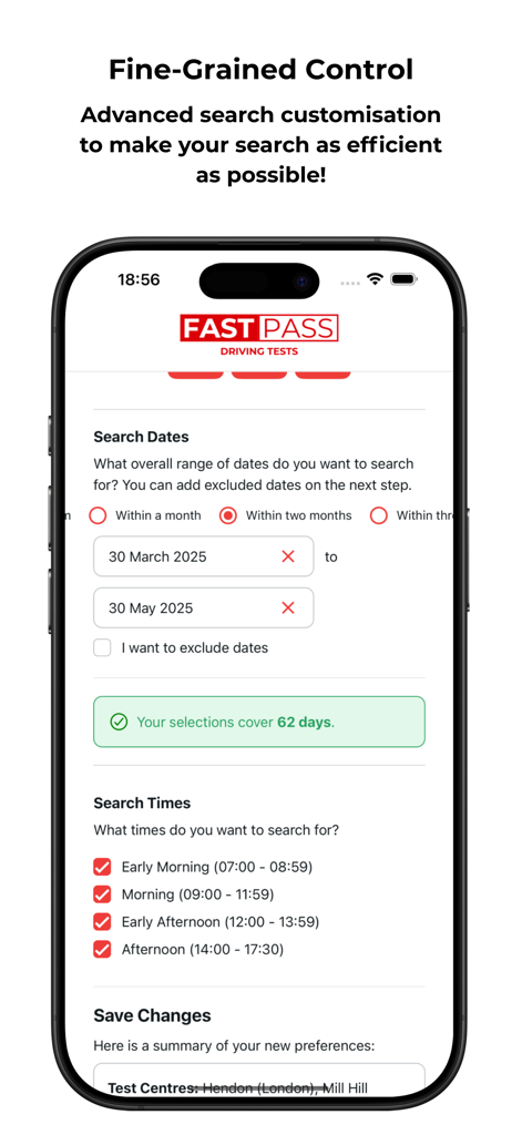 Fast Pass Driving Tests - Fast Pass app screen showing search date and time customization for driving test cancellations