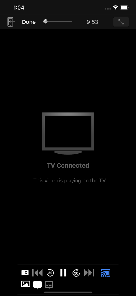 Rocket Video Cast - Interfaz de la aplicación Rocket Video Cast mostrando un icono de TV y un mensaje confirmando que el video se está reproduciendo en el televisor conectado.