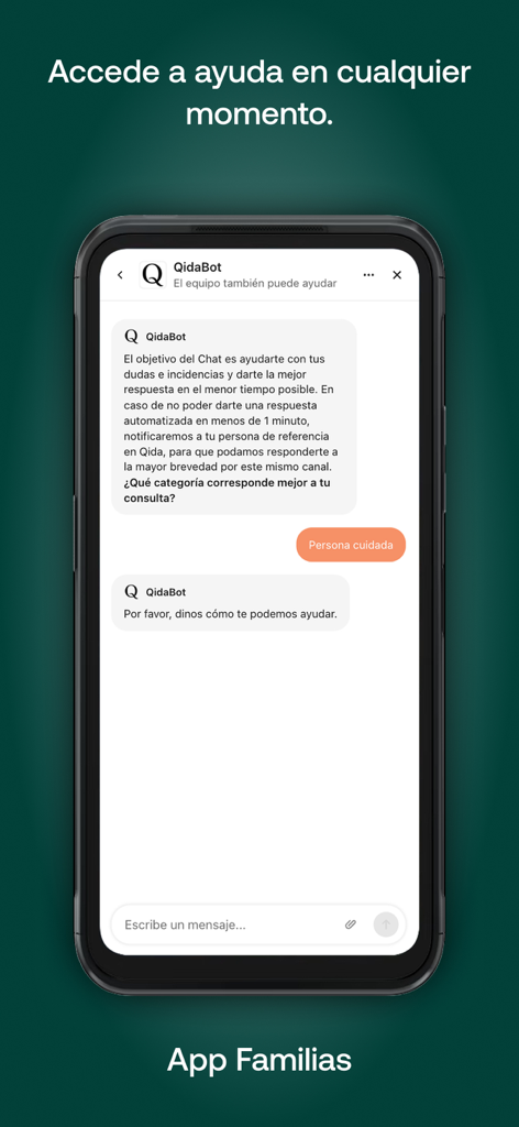 Qida Familias - Interfaccia che mostra la chat di aiuto QidaBot nell'applicazione mobile Qida Familias