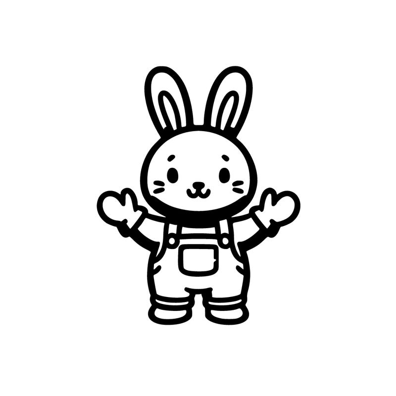 a purple bunnywearing yellow gloves and pink overall