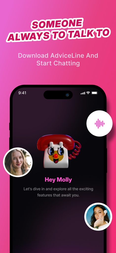 AI Vent Therapy AdviceLine AI - Pantalla de teléfono inteligente que muestra la interfaz de chat de AdviceLine AI con un lindo personaje de teléfono de dibujos animados y el texto "Alguien siempre para hablar"