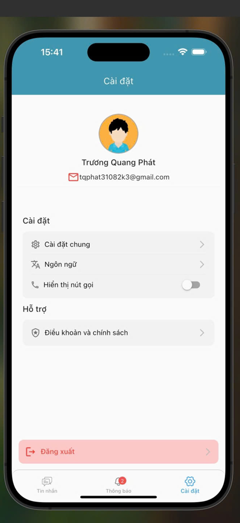 MiChat (MiTek) - Settings screen of the MiChat app showing user profile information and general application configuration options in Vietnamese
