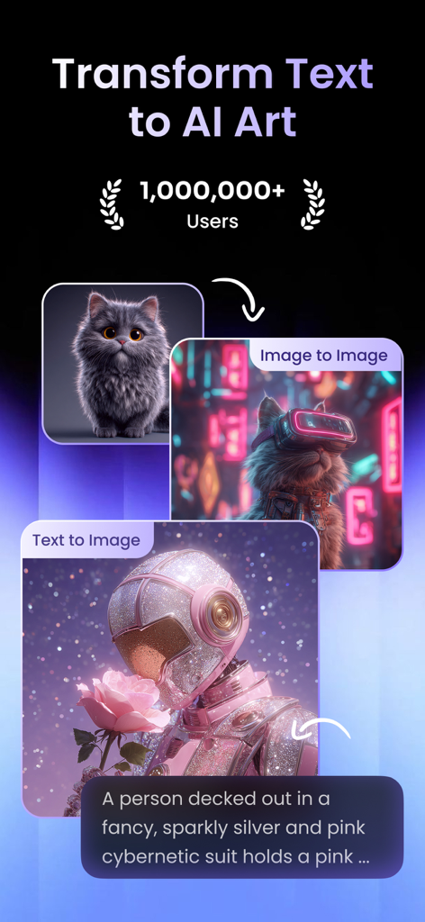 PicLumen - Image & Video AI - PicLumen app interface showing text to image and image to image AI generation features with creative examples
