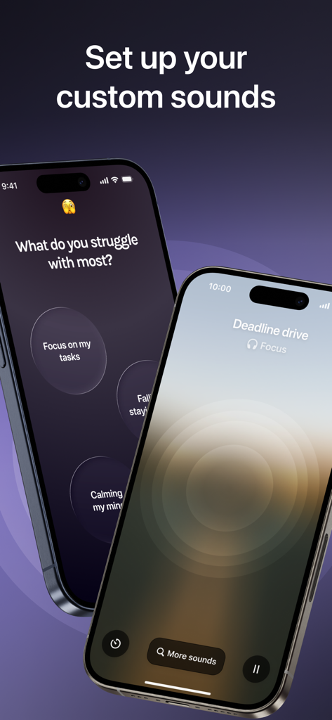 Two iPhone screens showing the Deep app interface for setting up personalized soundscapes for focus and sleep.