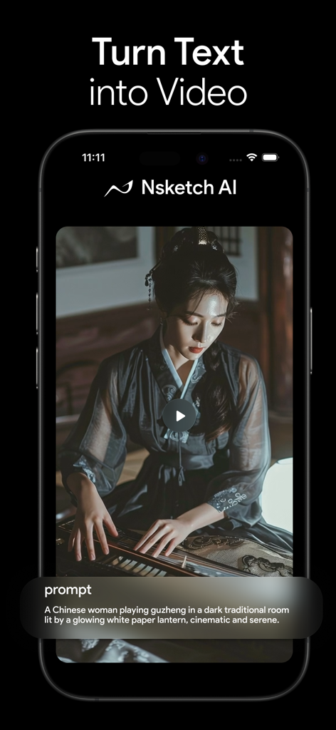 Pantalla de la aplicación móvil de IA de Nsketch que muestra un vídeo cinematográfico de una mujer tocando el guzheng generado a partir de un prompt de texto