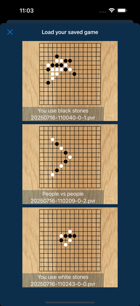 PVRenju Premium - A list of saved Renju strategy game matches showing boards with black and white stones