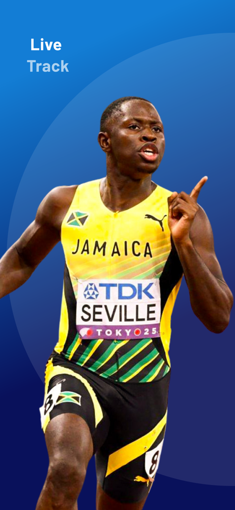 Un velocista jamaicano con un jersey amarillo y verde durante un evento de atletismo en vivo en la aplicación StreamBluu