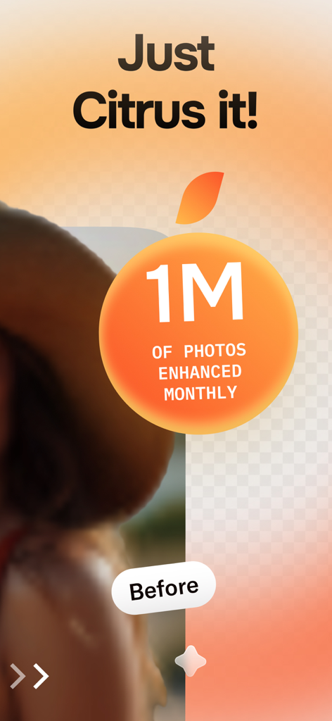 App screen for Citrus AI photo enhancer showing over one million photos enhanced monthly