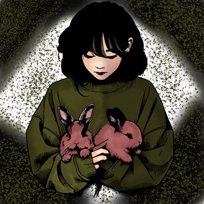 realistic girl with messy bunny baggy sweatshirt and holding bunnies