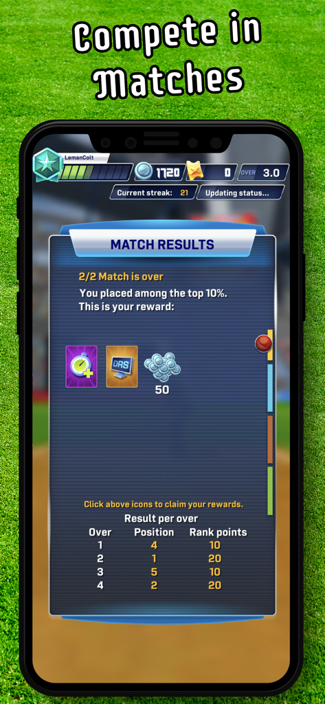 Cricket LBW - Umpire's Call - Cricket LBW game match results screen showing rewards and ranking points