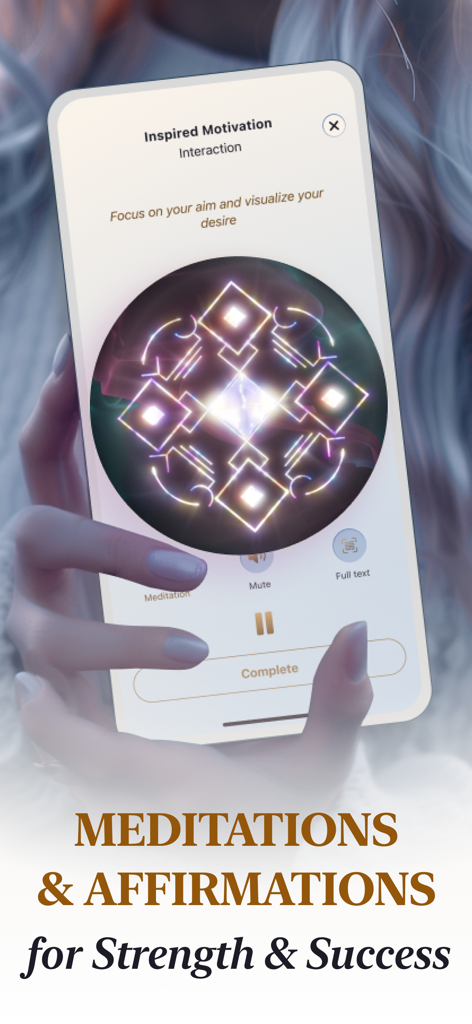 Fortune Teller - Metacharms - Interfaz de la aplicación Metacharms mostrando un amuleto digital brillante para meditación y afirmaciones