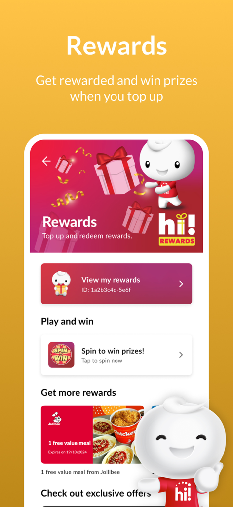 Singtel Prepaid hi!App - Rewards screen of the Singtel Prepaid hi!App showing top-up prizes, a spin to win game, and merchant offers like Jollibee.