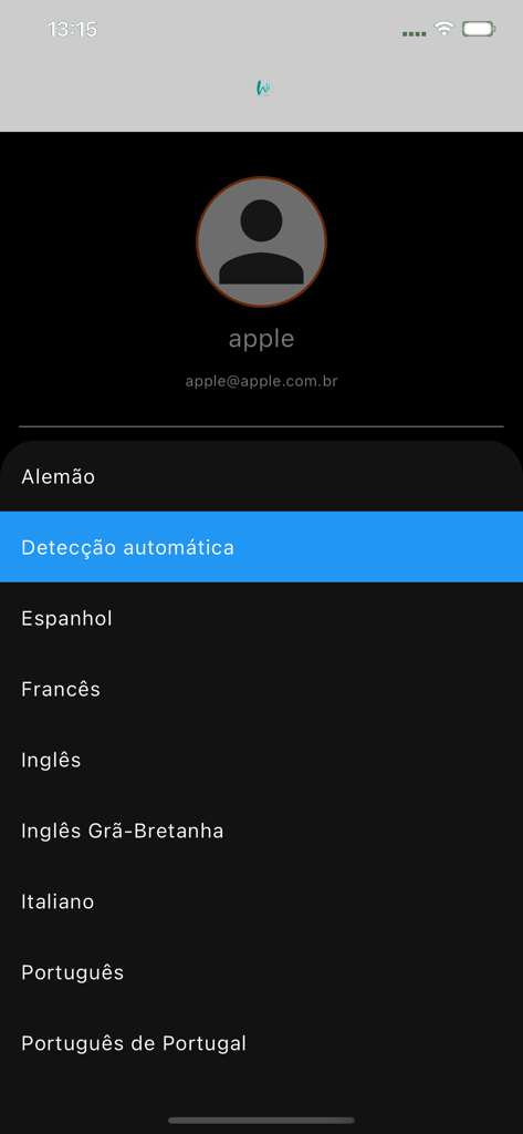 WiTV play - Menu de sélection de la langue dans l'interface de l'application WiTV play montrant diverses options de langue en portugais