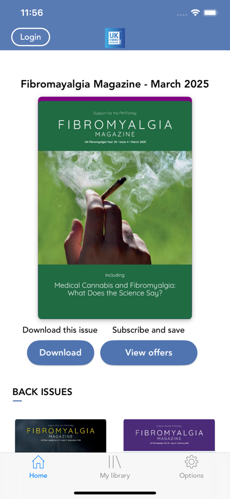 The home screen of the Fibromyalgia Magazine app displaying the March 2025 digital issue cover about medical cannabis research.
