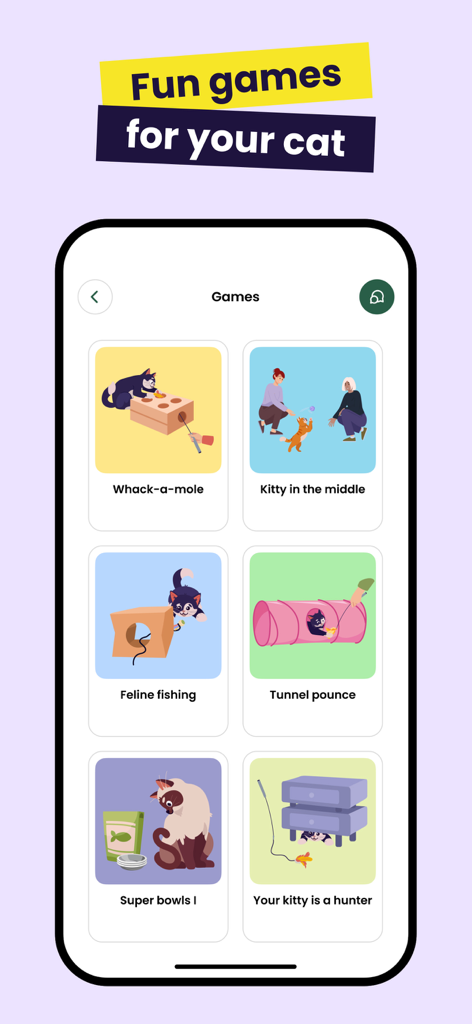 Meowz: Cat Training, Pet Care - Interface of the Meowz app showing a selection of interactive games for cats including Whack-a-mole and Feline fishing