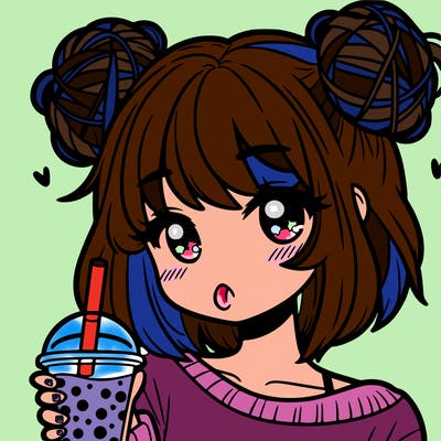 a super detailed teenage girl with two messy space buns. she will be drinking boba.it will only be showing her face and her one arm holding the boba.