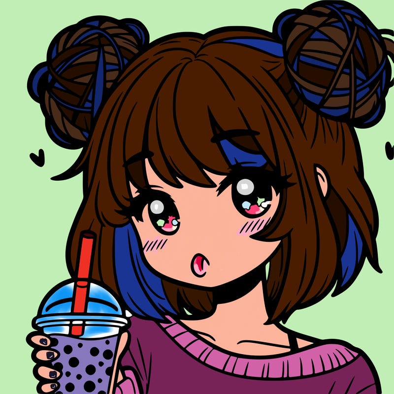 a super detailed teenage girl with two messy space buns. she will be drinking boba.it will only be showing her face and her one arm holding the boba.