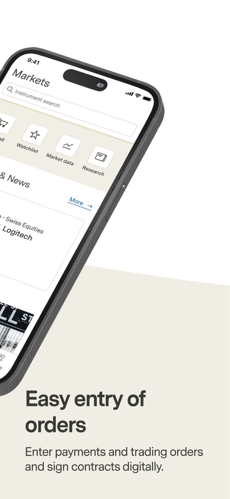 A smartphone showing the Vontobel Wealth app interface with options for market research and digital order entry