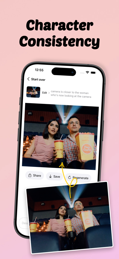 Flux Kontext: AI Image Editor - Flux Kontext AI app interface demonstrating character consistency while editing a photo of a couple in a movie theater using a text prompt.