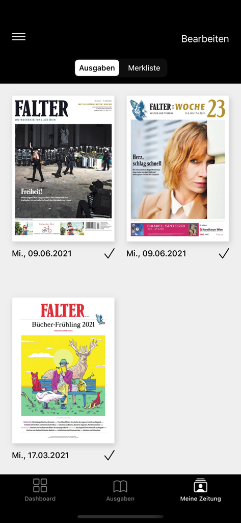 FALTER - O aplicativo FALTER exibindo várias edições digitais de jornais e suplementos de revistas.