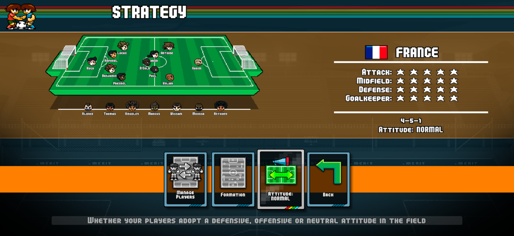 Pixel Cup Soccer - Lite - 프랑스의 팀 포메이션과 스탯을 보여주는 Pixel Cup Soccer의 전략 화면