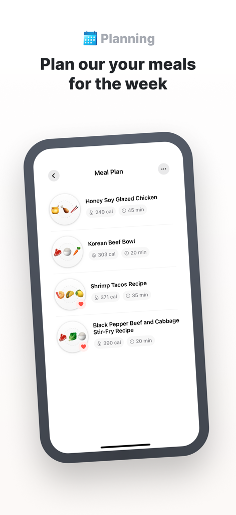 Remy - Recipes & Meal Planner - Smartphone screen showing the Remy meal planning interface with a list of recipes including calorie counts and cooking times.