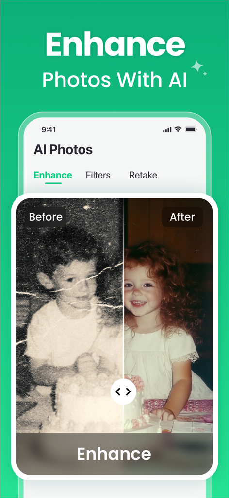 AI Phone Cleaner・Photo Swipe - Comparação antes e depois de uma foto antiga restaurada com aprimoramento de IA
