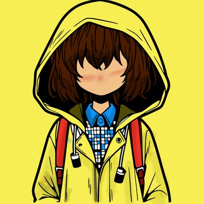 little anime girl in a raincoat her hair is covering her eyes she has a lighter
