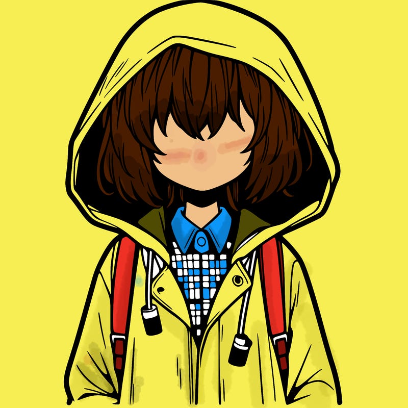 little anime girl in a raincoat her hair is covering her eyes she has a lighter