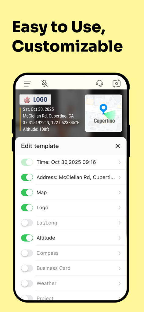 User interface showing customizable options for timestamped photos including GPS map and logo toggles in the Timemark app.