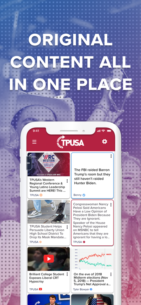 TPUSA - Interface de l'application TPUSA montrant un flux de nouvelles politiques conservatrices et de mises à jour d'activisme étudiant