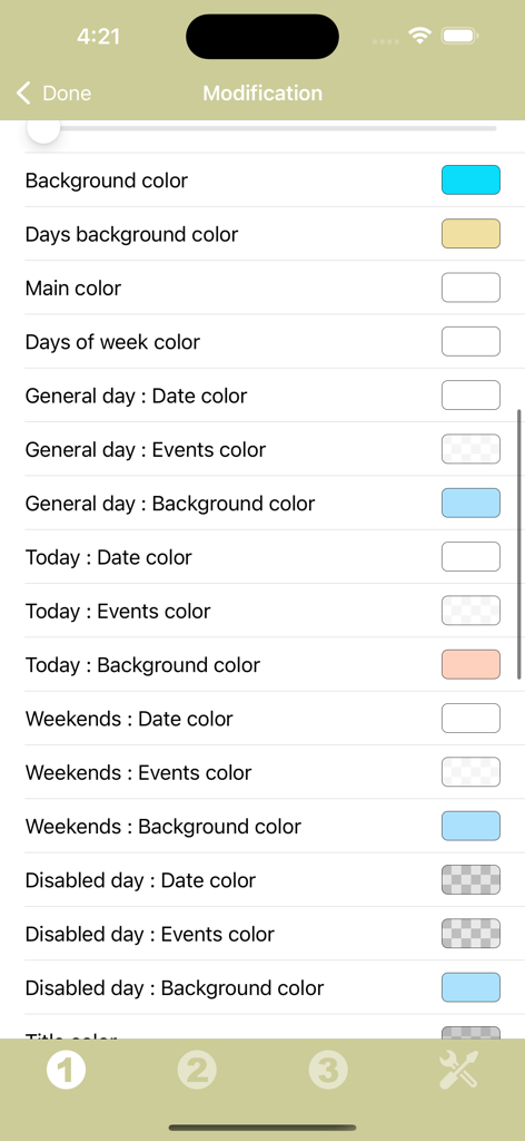 Calendar Widget - Interfaccia dell'app Widget Calendario che mostra un menu per personalizzare i colori di sfondo e del testo per diversi elementi del calendario