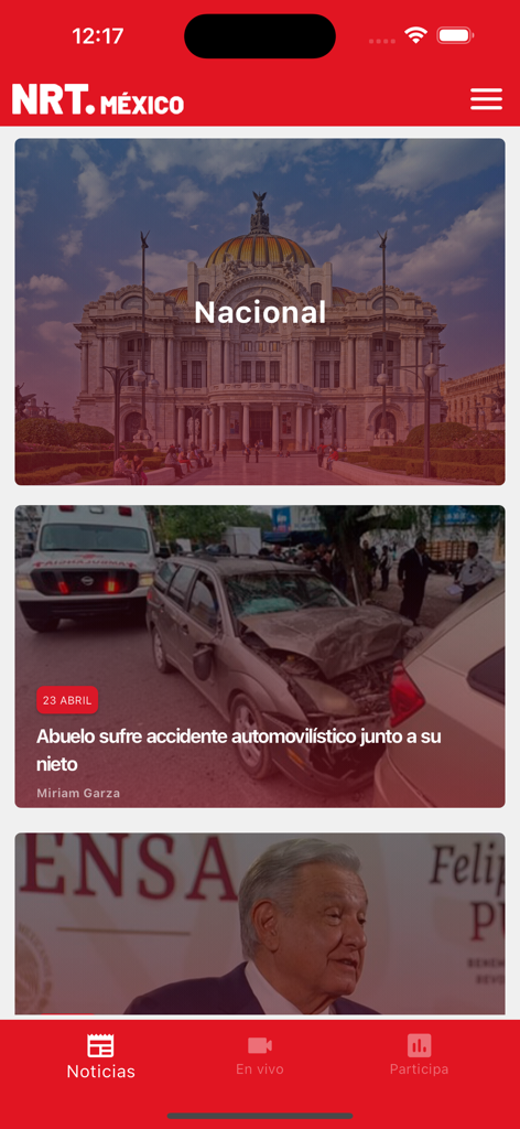 NRT México - Interfaz de la app de noticias NRT Mexico mostrando titulares nacionales y locales