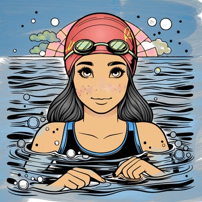 realistic girl swimmer, cap on water