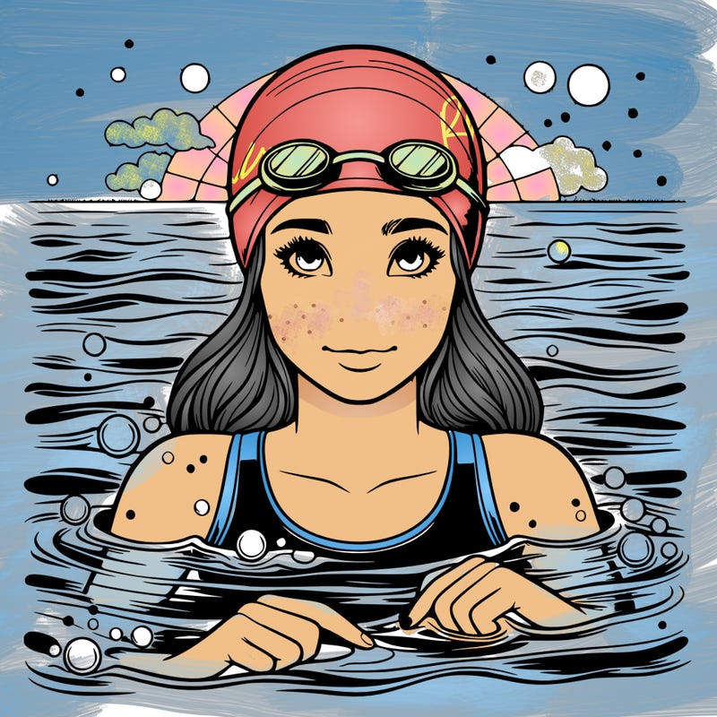realistic girl swimmer, cap on water