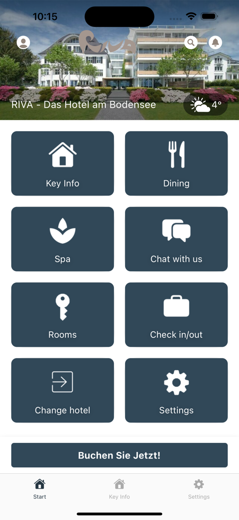 HOTEL RIVA Konstanz - HOTEL RIVA Konstanz 모바일 앱의 홈 화면으로, 다이닝, 스파, 디지털 컨시어지 서비스 메뉴 옵션이 표시됩니다.