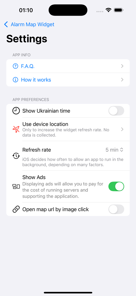 The settings screen of the Alarm Map Widget app displaying various app preferences and information options.