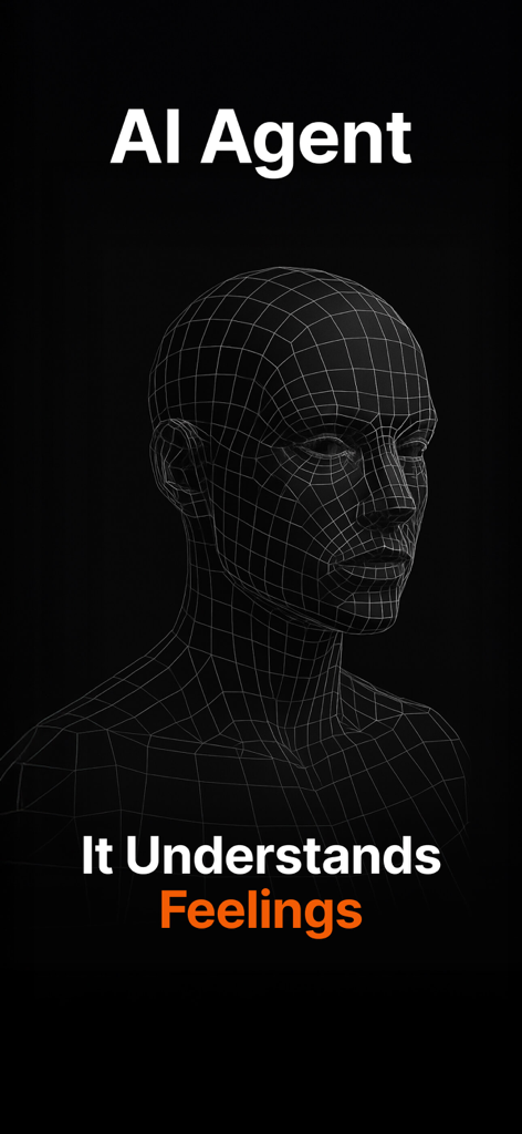 3D wireframe mesh of a human face representing an AI agent that understands emotions