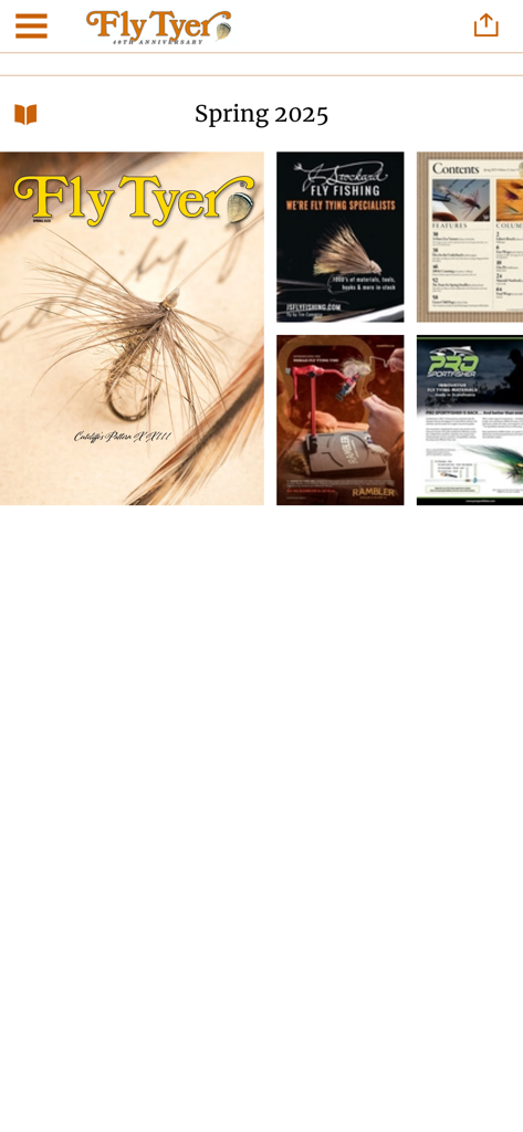 Fly Tyer Magazine - Digital interface of Fly Tyer Magazine Spring 2025 issue showing the cover fly pattern and page thumbnails