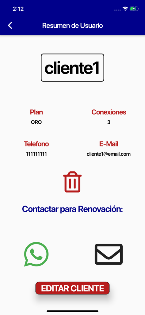User summary interface in IPTV Control app showing client plan details and renewal contact options via WhatsApp and email