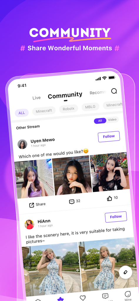 Una captura de pantalla de la aplicación Nimo TV mostrando la sección de la comunidad donde los usuarios comparten fotos y publicaciones sociales
