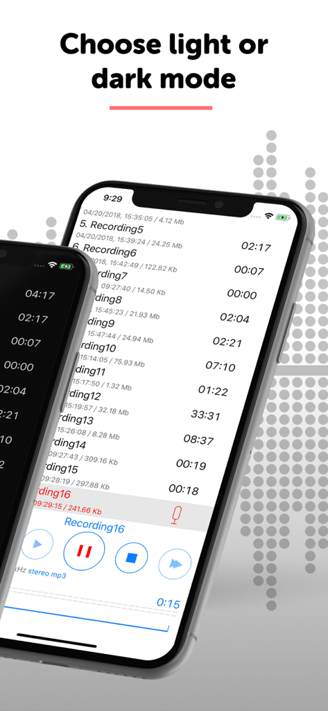 Dictaphone - Audio Recorder - Two iPhones displaying the Dictaphone audio recorder app interface with options for light and dark modes