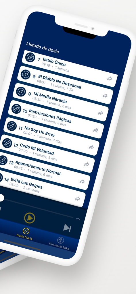Dosis Diaria - Interfaz de la app Dosis Diaria mostrando una lista de mensajes diarios de audio espirituales en español